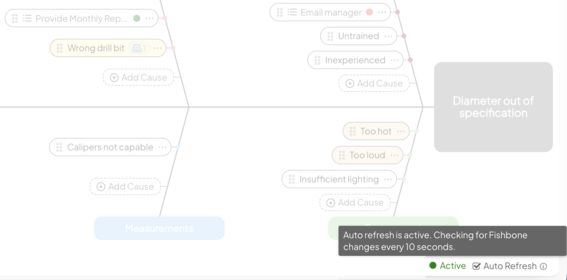 Fishbone Diagram with Auto Refresh active and a tooltip stating that changes are checked every 10 seconds.