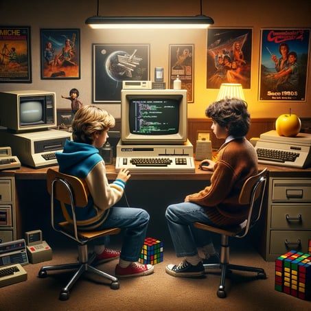 DALL·E 2024-03-19 13.00.36 - Create an image depicting two boys sitting in front of a classic 1980s computer, such as an Apple IIe or a Commodore 64. They are focused on writing s