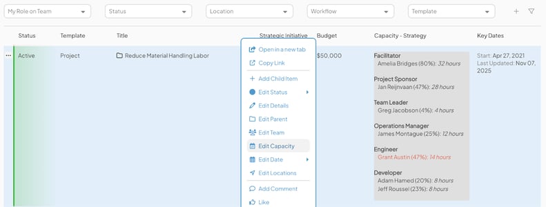 Filtering, List Columns, and Quick Actions for Capacity Planning