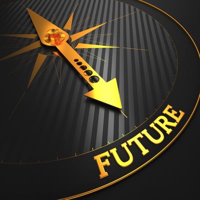 Future - Business Background. Golden Compass Needle on a Black Field Pointing to the Word Future. 3D Render.