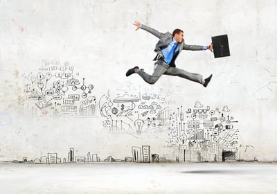 Image of businessman in jump against sketch background