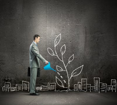 Image of businessman watering sprout with can