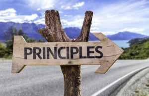 Principles wooden sign with a highway on background