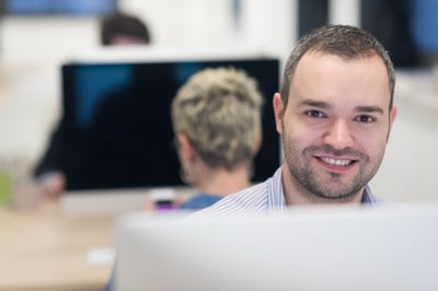 startup business, software developer working on desktop  computer at modern office