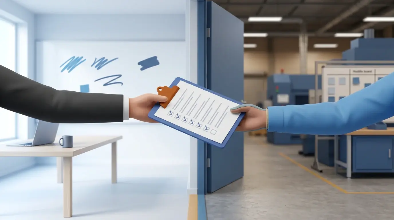 Close-up illustration of two hands passing a checklist clipboard with an orange sign-off tab across a doorway between a project room and a manufacturing floor, showing the handoff where a business transformation must pass its exit test before operations take ownership.