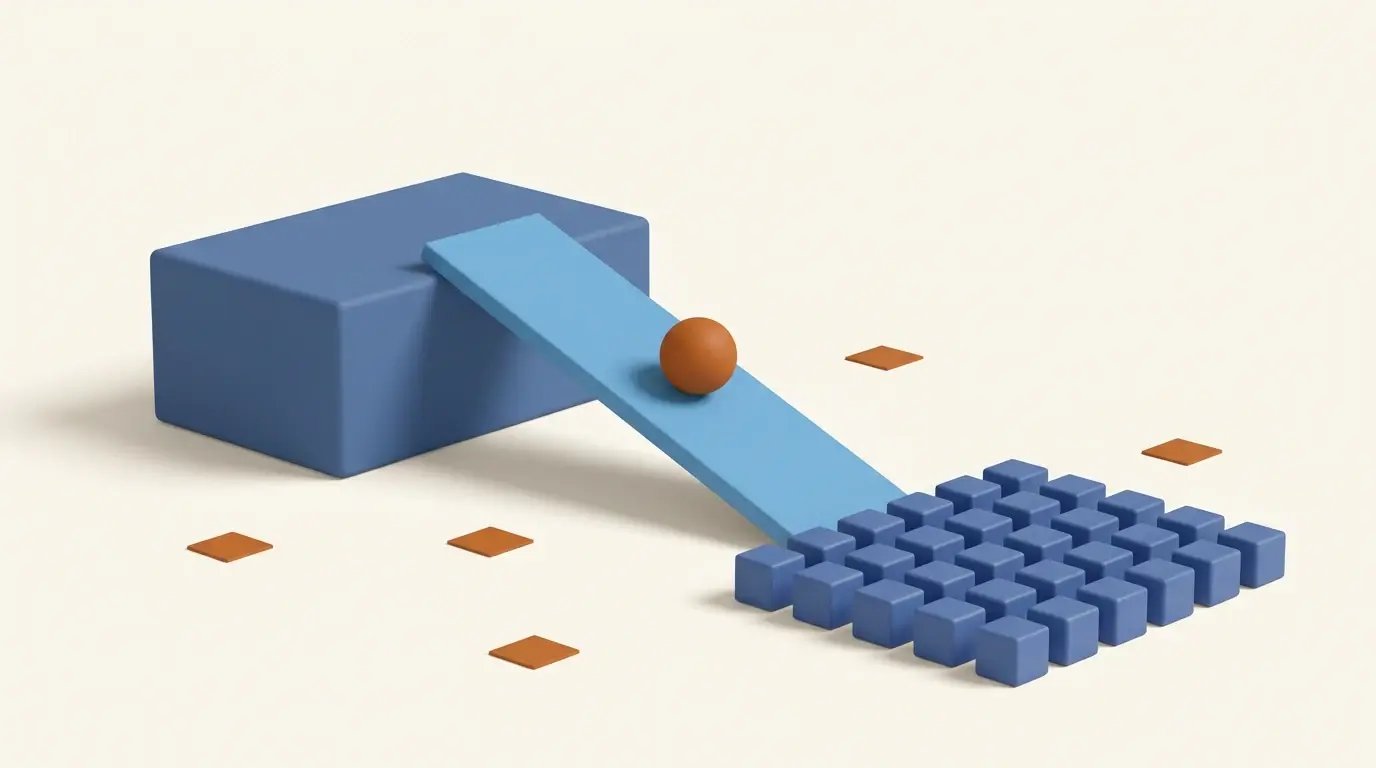Soft 3D render of an orange sphere rolling down a blue ramp from a raised platform toward a grid of small blue cubes on a cream ground plane.