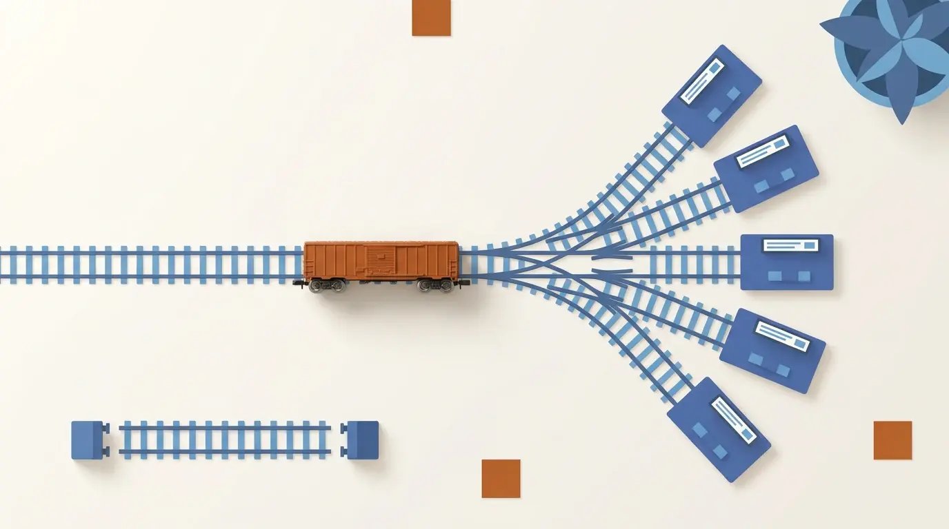 Top-down illustration of a model rail layout where a realistic orange railcar travels the existing track toward five business unit platforms, while a separate unconnected stretch of track sits idle to the side.