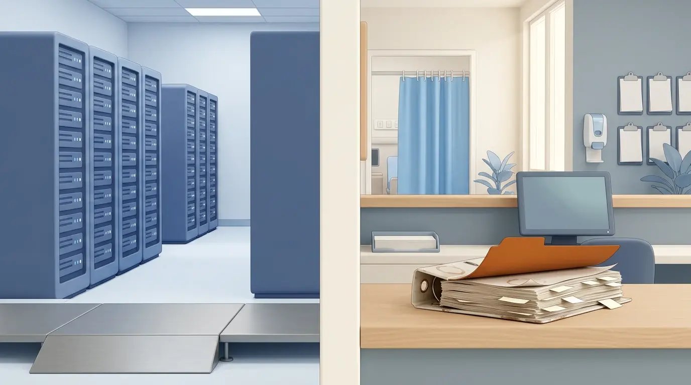 A split scene of a pristine hospital server room on the left and a nursing station on the right, where a new terminal sits unused beside an open paper binder with an orange tab.