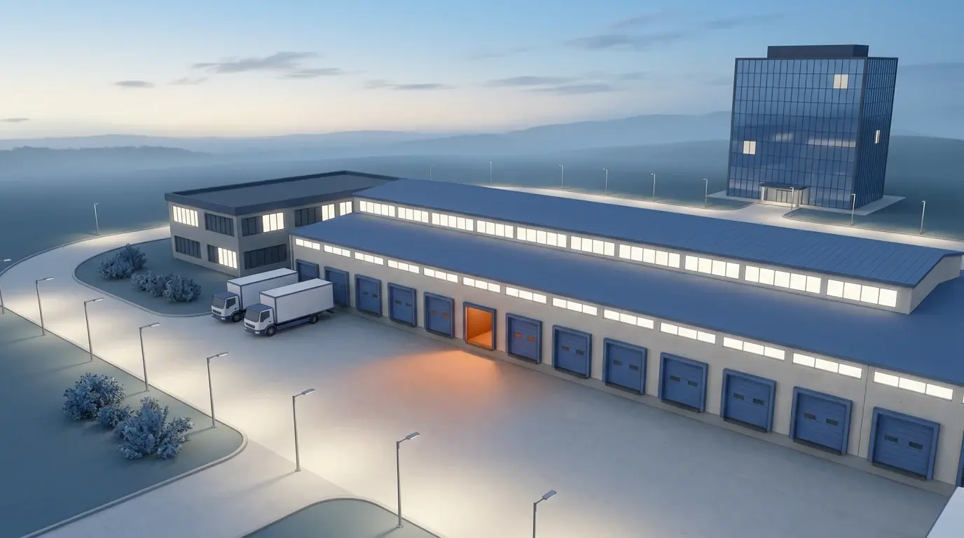 Illustration of a modern logistics facility at dusk with rows of blue loading dock doors, one door glowing orange, trucks at the dock, and an office tower behind.