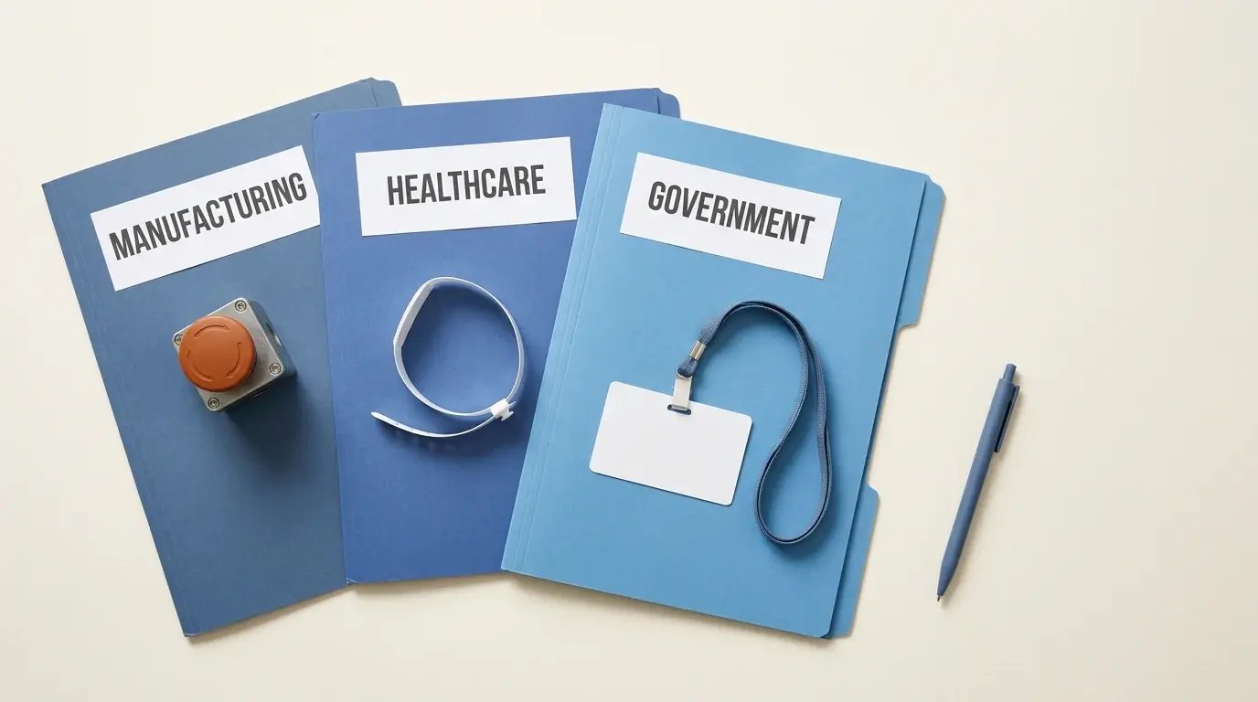 Overhead photo of three case file folders labeled Manufacturing, Healthcare, and Government, each holding an object: an orange stop button, a patient wristband, and a city ID badge.