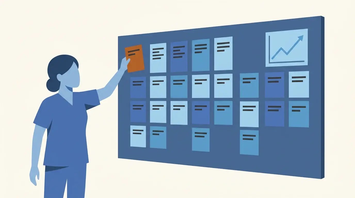 Flat illustration of a nurse placing a card onto a hospital unit improvement huddle board covered in cards and a run chart.
