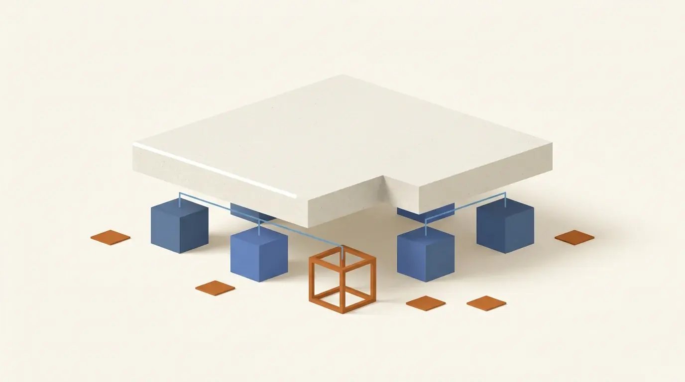 A cutaway view of a slab revealing six supports beneath it, one of them a hollow orange frame, illustrating the operational excellence pillars.