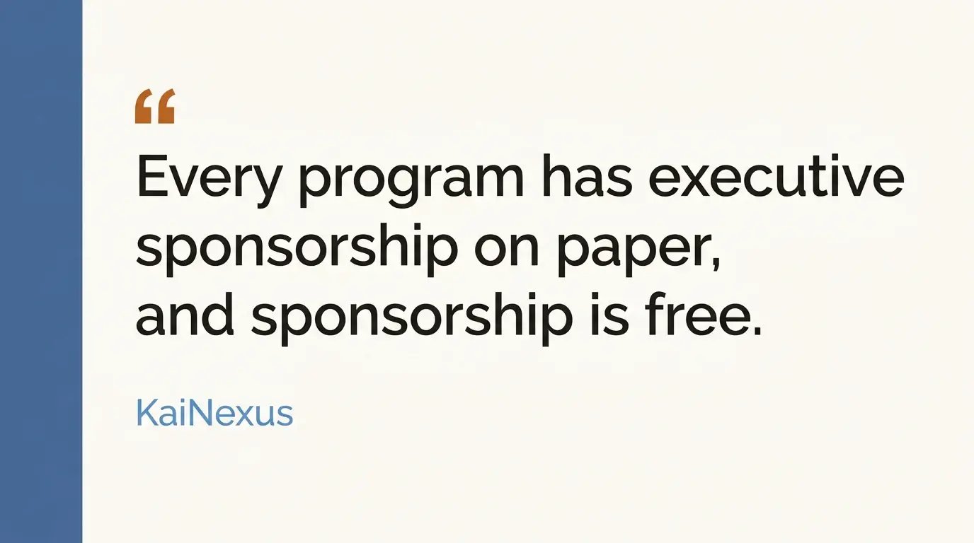 Pull quote reading every program has executive sponsorship on paper, and sponsorship is free, from the operational excellence pillars article.