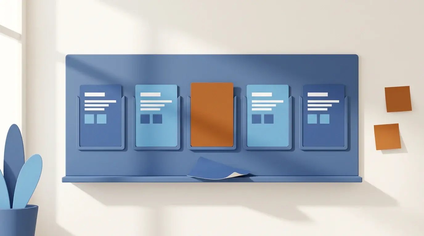 Illustration of a five-slot card board on a meeting-room wall with an orange card seated in the center slot and the blue card it replaced lying on the ledge below, showing that each new priority must displace existing work.