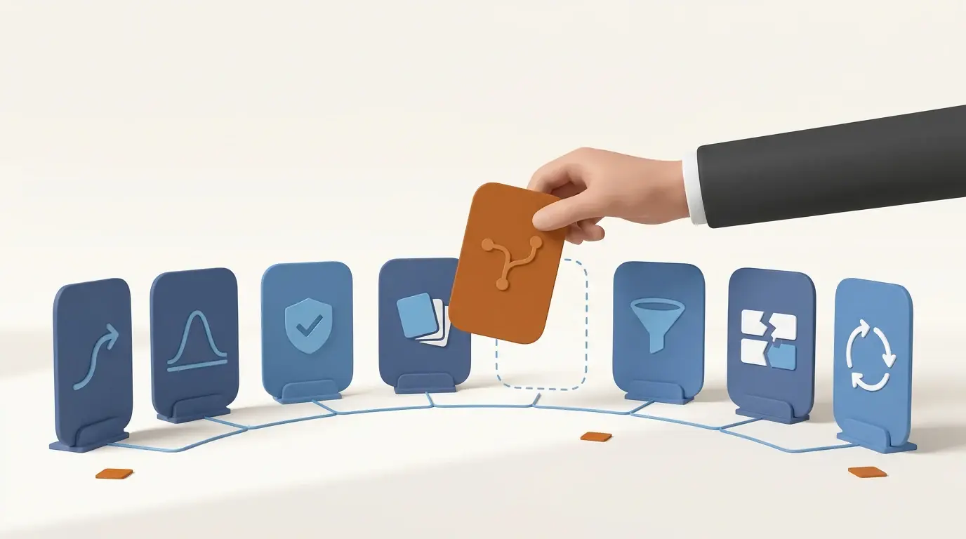 Soft 3D illustration of a hand lifting one tool panel out of a connected row of eight, representing choosing the right operational excellence tool.